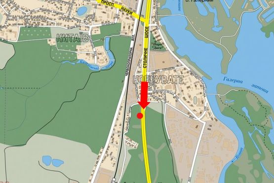 Схема рекламной плоскости по адресу Столичное шоссе, 170м до моста Пешеходного, напротив автосалона "Укравто", "Mercedez", в Конче-Заспы