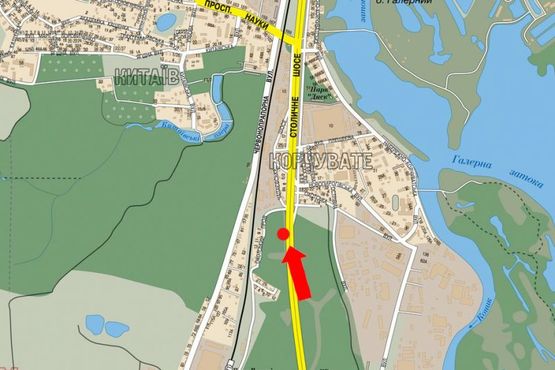 Схема рекламної площини за адресою Столичное шоссе, 170м до моста Пешеходного, напротив автосалона "Укравто", "Mercedez", в сторону центра