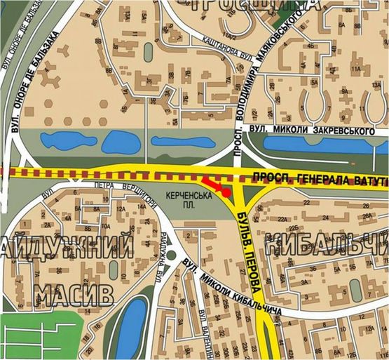 Схема рекламної площини за адресою Ватутина пр., съезд на Перова бул., разделитель, в сторону Освободителей пр.