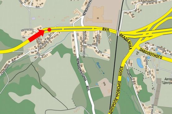 Схема рекламної площини за адресою Заболотного ул. / Коммунальная ул., в сторону Столичное шоссе, 1300м до ТРЦ "ART Mall", разделитель, левый