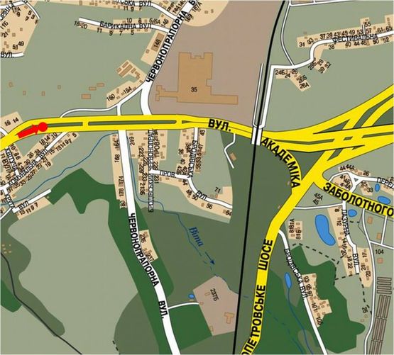 Схема рекламної площини за адресою Заболотного ул. / Коммунальная ул., в сторону Столичное шоссе, 1300м до ТРЦ "ART Mall", разделитель, правый