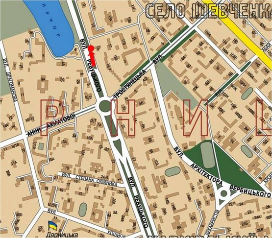 Схема рекламной плоскости по адресу Ревуцкого ул., 15, через дорогу, разделитель, в сторону ресторана "Хата Рыбака"