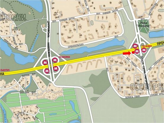 Схема рекламной плоскости по адресу Бажана пр., ст. м. "Позняки", перед мостом, в сторону Харьковская пл.