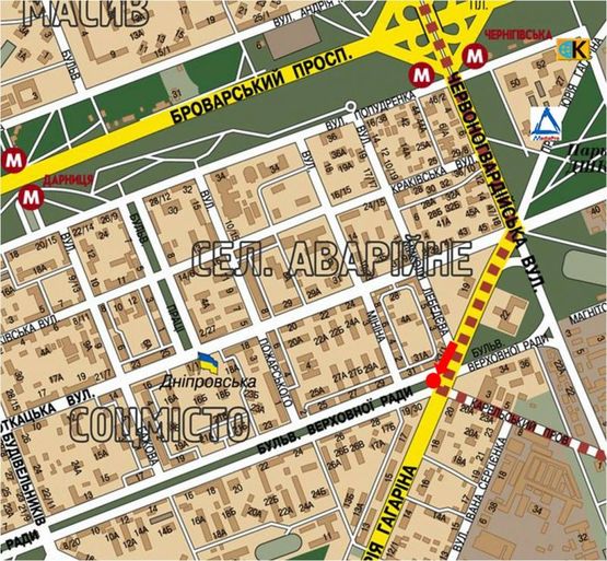 Схема рекламной плоскости по адресу Гагарина пр., заезд на Верховного Совета бул., разделитель, в сторону Дарницкой пл. (бывш. Ленинградская пл.)