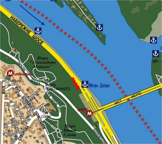 Схема рекламной плоскости по адресу Набережное шосе, 25, 100м до ст. м. "Днепр", рыбацкий рынок "Бухара", в сторону мост Патона