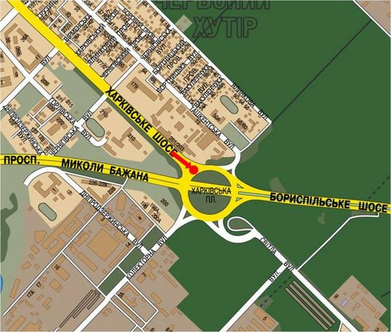 Схема рекламної площини за адресою Харьковская пл., разделитель, выезд с Харьковского шоссе в сторону Бажана пр.