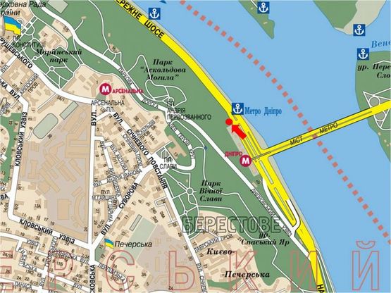 Схема рекламної площини за адресою Набережное шосе, 25, 100м от ст. м. "Днепр", в сторону ст. м. "Почтовая площадь"