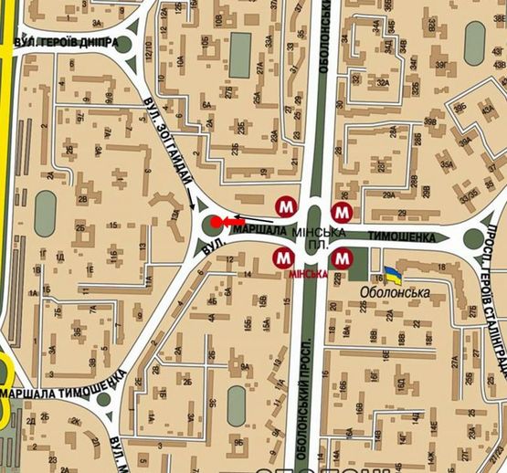 Схема рекламної площини за адресою Тимошенко ул., 19, на клумбе, Минская пл., в сторону Гайдай ул.