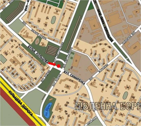 Схема рекламной плоскости по адресу Кольцова бул. / Семьи Сосниных ул., разделитель, возле супермаркета "Караван", рынка, в сторону Симиренка ул.