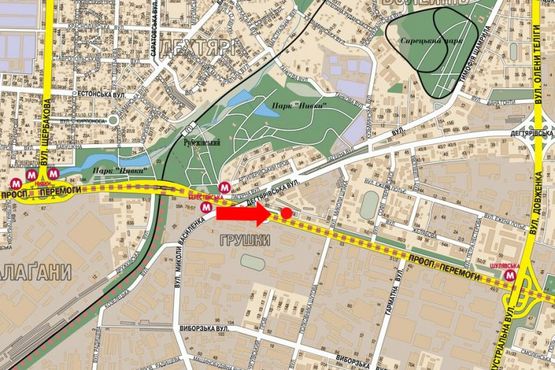 Схема рекламної площини за адресою Победы пр., 74, в сторону ст. м. "Шулявская"