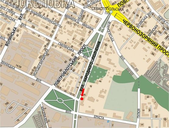 Схема рекламної площини за адресою Народного Ополчения ул., 9А, в сторону Эрнста ул. Схема рекламної площини за адресою Народного Ополчения ул., 9А, в сторону Эрнста ул.