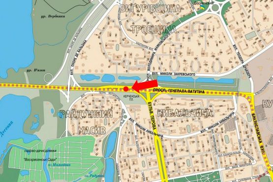 Схема рекламной плоскости по адресу Ватутина пр. / Перова бул., разделитель, в сторону ст. м. "Почайна" (бывш. ст. м. "Петровка"), левая