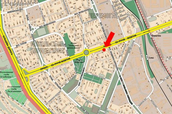 Схема рекламної площини за адресою Курбаса пр. / Королева ул., возле рынка "Колибрис", в сторону Кольцевая дорога