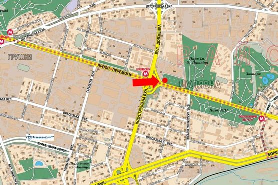 Схема рекламной плоскости по адресу Победы пр., ст. м. "Шулявская", киностудия им. Довженко, напротив супермаркет "Эльдорадо", "Сильпо", в центр