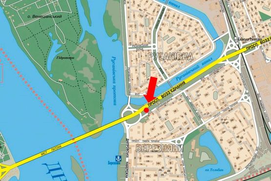 Схема рекламной плоскости по адресу Соборности пр. (бывш. Воссоединения пр.), мост Патона, в сторону правого берега