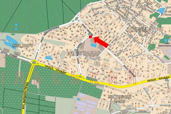 Схема рекламной плоскости по адресу Свободы пр. / Порика ул., возле рынка "Виноградарский", супермаркета "Фокстрот", разделитель, в сторону Гонгадзе пр. (бывш. Советской Украины ул.)