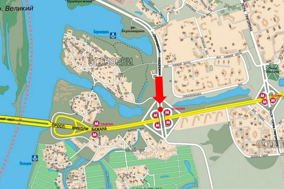 Схема рекламної площини за адресою Днепровская Набережная / Бажана пр., разделитель, в сторону ст. м. "Осокорки"