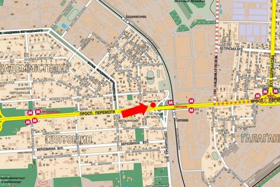 Схема рекламной плоскости по адресу Победы пр., 104, ст. м. "Святошино", напротив супермаркета "Сильпо", "Фокстрот", в центр