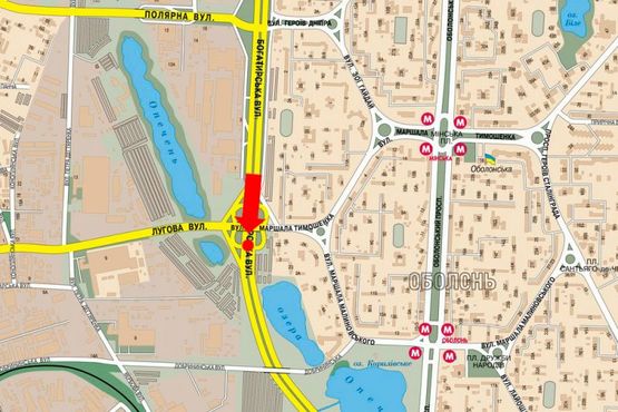 Схема рекламной плоскости по адресу Богатырская ул. / Тимошенко ул., в сторону ст. м. "Почайна" (бывш. ст. м. "Петровка")