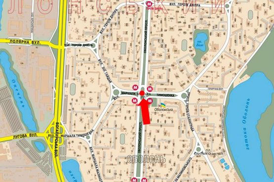 Схема рекламной плоскости по адресу Оболонский пр., 22B, ст. м. "Минская", разделитель, возле ТРЦ "Dream Toown", левая, в сторону ст. м. "Героев Днепра"