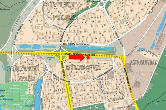 Схема рекламной плоскости по адресу Ватутина пр., 26, в сторону рынка "ж/ м "Троещина"", Братиславская ул.