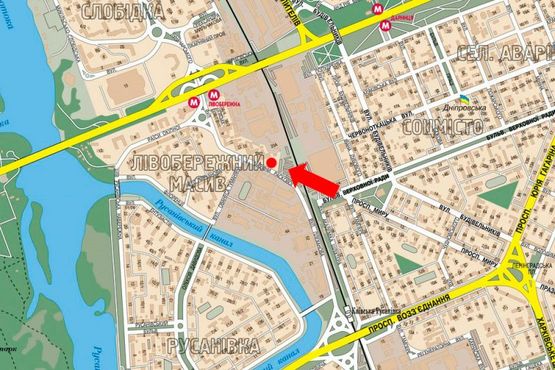 Схема рекламної площини за адресою Сверстюка ул. (бывш. Расковой ул.), 23, в сторону ст. м. "Левобережная"