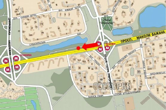 Схема рекламної площини за адресою Бажана пр. / Гмыри ул., 1-А, ст. м. "Позняки", в центр, правый