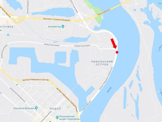 Схема рекламной плоскости по адресу Набережно-Рыбальская ул., 80м до мост Подольско-Воскресенский, в сторону Набережно-Крещатикская ул.
