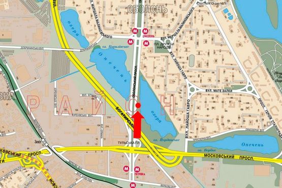 Схема рекламної площини за адресою Оболонский пр., 200м от моста по Богатирская ул., справа, в сторону ст. м. "Оболонь"