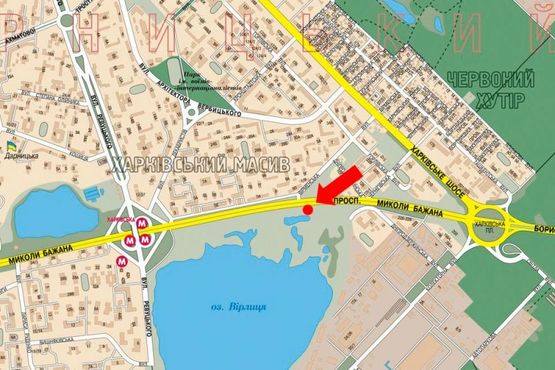 Схема рекламної площини за адресою Бажана пр., перед заездом на АЗС "Золотой Гепард", в сторону ст. м. "Харьковская" Схема рекламної площини за адресою Бажана пр., перед заездом на АЗС "Золотой Гепард", в сторону ст. м. "Харьковская"