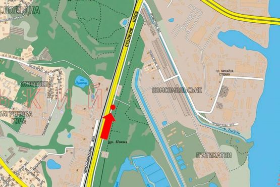 Схема рекламной плоскости по адресу Столичное шоссе, возле заезда на насосную станцию "Мышеловская", разделитель, в сторону Надднепрянского шоссе