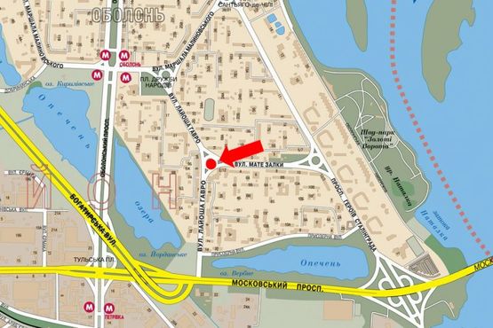 Схема рекламної площини за адресою Иорданская ул. (бывш. Гавро ул.) / Архипенка ул. (бывш. Залки ул.), клумба, в сторону Оболонская пл.