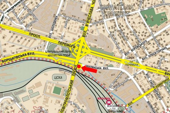 Схема рекламной плоскости по адресу Воздухофлотский пр., разделитель, выезд с Жилянская ул., в сторону Победы пр., Черновола ул.