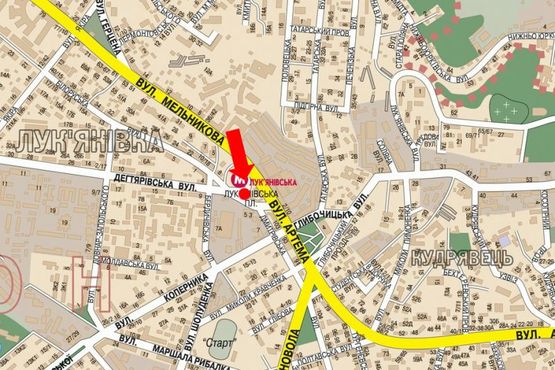 Схема рекламної площини за адресою Лукьяновская пл., рынок "Лукьяновский", супермаркет "Сильпо", ТРЦ "Квадрат", в сторону Дегтяревская ул.