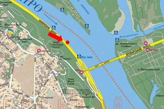 Схема рекламной плоскости по адресу Набережное шоссе, 600м от ст. м. "Днепр", в сторону ст. м. "Днепр"