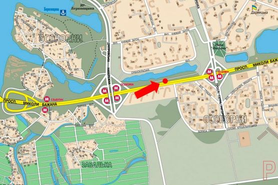 Схема рекламної площини за адресою Бажана пр., 16, напротив, в сторону Харьковская пл.