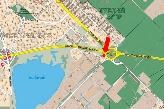 Схема рекламної площини за адресою Харьковская пл., съезд с Бажана пр. на Коллекторную ул., в сторону Борисполя, правая Схема рекламної площини за адресою Харьковская пл., съезд с Бажана пр. на Коллекторную ул., в сторону Борисполя, правая