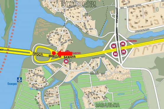 Схема рекламної площини за адресою Бажана пр., ст. м. "Славутич", выезд на Бажана пр., в сторону ст. м. "Харьковская"
