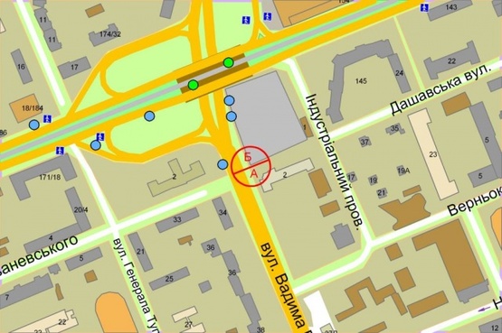 Схема рекламної площини за адресою Вадима Гетьмана (Индустриальная) ул. (напротив дома 32, перед путепроводом с ул. Борщаговская)