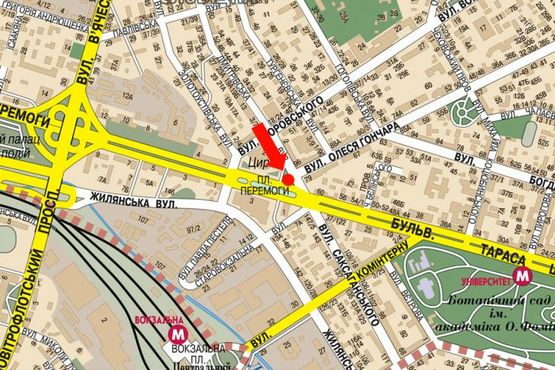 Схема рекламной плоскости по адресу Победы пл., 2 / Дмитриевская ул., напротив супермаркета "Сильпо", в сторону Шевченко бул., Жилянская ул.