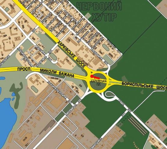 Схема рекламной плоскости по адресу Бажана пр. / Харьковская пл., на светофоре, на светофоре, в сторону Южного моста