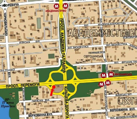 Схема рекламної площини за адресою Победы пр., 123, возле завода "Каштан", в сторону ст. м. "Житомирская" Схема рекламної площини за адресою Победы пр., 123, возле завода "Каштан", в сторону ст. м. "Житомирская"