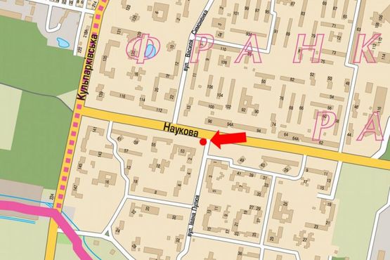 Схема рекламної площини за адресою Научная ул., 49, разделитель, возле ПУМБ, супермаркета, в сторону Кульпарковской ул.