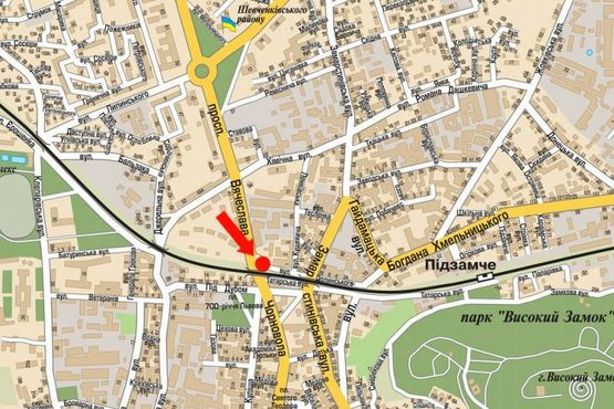 Схема рекламной плоскости по адресу Черновола пр. / Кулиша ул. / Под Дубом ул., перед ж/д мостом, на светофоре, в центр Схема рекламной плоскости по адресу Черновола пр. / Кулиша ул. / Под Дубом ул., перед ж/д мостом, на светофоре, в центр