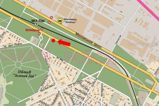 Схема рекламної площини за адресою Московский пр., ст. м. "Индустриальная" (бывш. ст. м. "Пролетарская"), возле ТЦ "Класс", супермаркетов "Comfy", "Восторг", в центр (флажок)