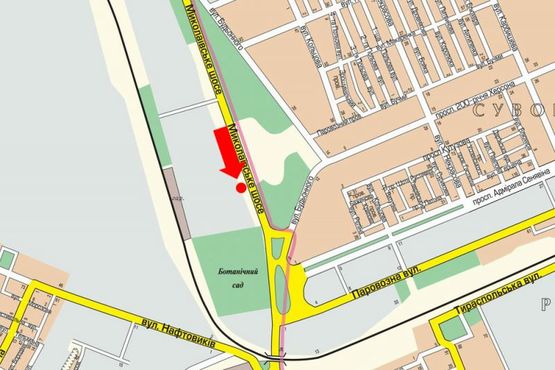 Схема рекламної площини за адресою Николаевское шоссе, возле автосалона "Лада", гусь, над дорогой, в центр Схема рекламної площини за адресою Николаевское шоссе, возле автосалона "Лада", гусь, над дорогой, в центр