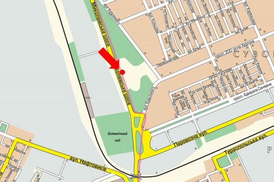 Схема рекламної площини за адресою Николаевское шоссе, возле АЗС "УкрНафта", гусь, над дорогой, в центр