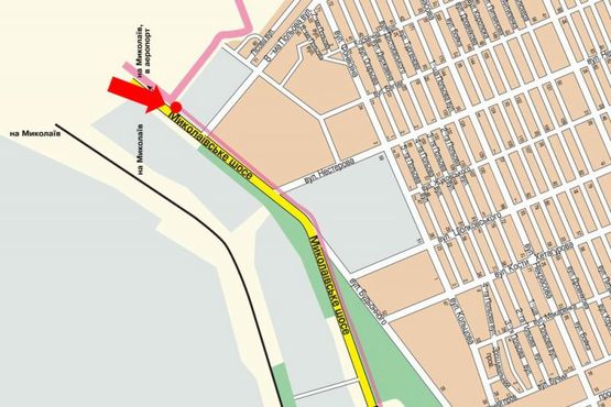 Схема рекламної площини за адресою Николаевское шоссе, возле авторынка, гусь, над дорогой, в центр Схема рекламної площини за адресою Николаевское шоссе, возле авторынка, гусь, над дорогой, в центр