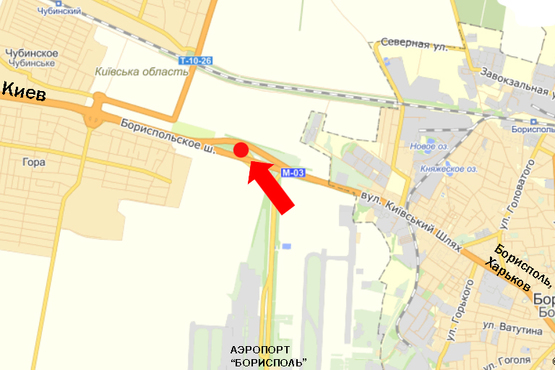 Схема рекламной плоскости по адресу Трасса Киев-Борисполь, на развязке дороги, от а/п Борисполь на Киев, правая