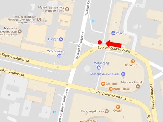 Схема рекламної площини за адресою Крещатик ул. 29 / Бессарабская пл., на светофоре, в сторону Крещатик ул.